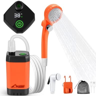 WADEO Upgraded Portable Shower, Camping Shower with Rechargeable 6000mAh Battery & Sinking bottom Design, Outdoor Shower with Intelligent Digital Display, Perfect for Hiking(Orange)