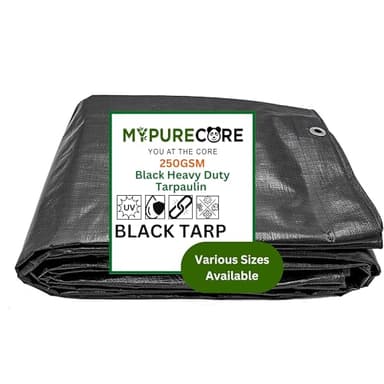 MYPURECORE Heavy Duty Waterproof Tarpaulin - Black Tarp for Outdoor Protection - Durable Groundsheet, Tent Shield, Trailer & Trampoline Cover - UV & Weatherproof Sheet for Camping & Garden (3m x 4m)