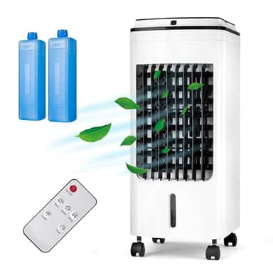 Portable Evaporative Air Cooler with Remote Control 4L, Cooling Fan AC Unit with 3 Speed Settings and 2 Ice Boxes, 7.5 Hour Timer, 360 ° Wheels for Home,Office