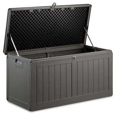 VonHaus Garden Storage Box 190L – Outdoor Utility Chest Organiser – Weatherproof Plastic, Lockable Lid, Sliding Bar Hinge, Carry Handles, Portable – For Garden, Patio, Balcony, Decking – Grey, Black