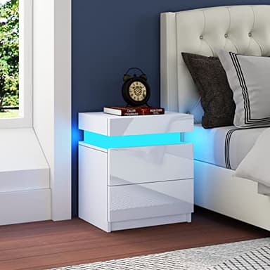 AWOOOD White Bedside Table, Modern LED Light Nightstand High Gloss Front Bedside Cabinet with 2 Drawers Flip Cover for Bedroom