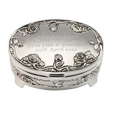 De Walden Girl's Christening Gift Personalised Engraved Silver Plated Rose Trinket Jewellery Box Girls Christening Gift Idea