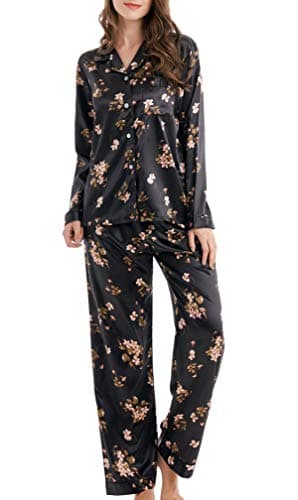 Women's Pyjama Set Satin Long Sleepwear Nightwear Loungewear (Black Flowers, Large)