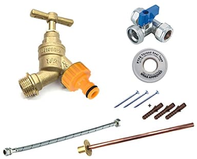 Pipestation® Complete Outside Tap Kit Garden Hose Fitting Set Tap + Wallplate Tube + PTFE + Connector +Flex+ Isolator Full kit