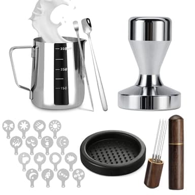 Coffee Tamper 51mm Set 22PCS : Coffee Machine Accessories for Espresso Include 51mm Tamper and Mat, Stainless Steel Milk Frother Jug, WDT Tool, Espresso Spoon, Latte Art Pen and 16 Cappuccino Stencils