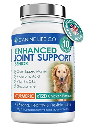 Senior Dog Joint Supplement High Strength With Turmeric Glucosamine & Green Lipped Mussel | For Older Stiffer Dogs Age 8+ | 120 Chewable Tablets | Made In The UK