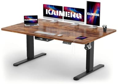 KAIMENG Electric Standing Desk 160 x 80 cm, USB Charging Height-Adjustable Desk witn Headphone Hooks & Sit Stand Reminder, Sit Stand Table & Workstations with Cable Tray,Home Office Desk, Rustic Brown