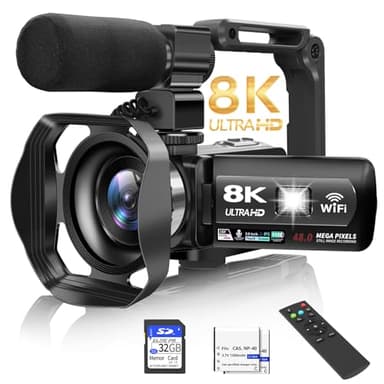 Video Camera, Camcorder 8K 48MP 15FPS UHD WiFi Vlogging Camera with IR Night Vision for YouTube, 3 Inch Touch Screen with 18X Digital Zoom, with Fill Light, Microphone,