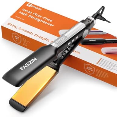 Faszin Professional Hair Straighteners, 42mm Wide-Plate Titanium Negative Ion Flat Iron, 30s Rapid Heating, Real-time Temperature Display, 11 Adjustable Temperature Levels (130-230℃)-Black