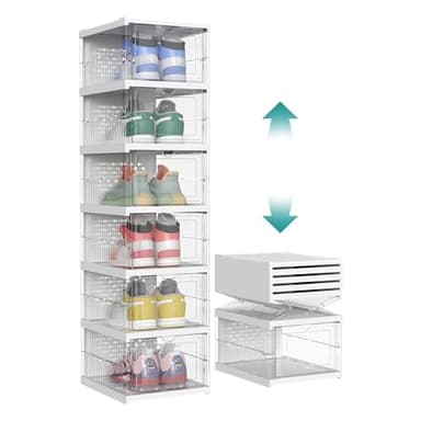 SONGMICS Shoe Boxes, Pack of 6 Stackable Shoe Storage Organiser, Integraed Shoe Cabinet, Foldable and Portable, Fit up to UK size 12, 60s Assembly, Transparent and Cloud White LSP205W01
