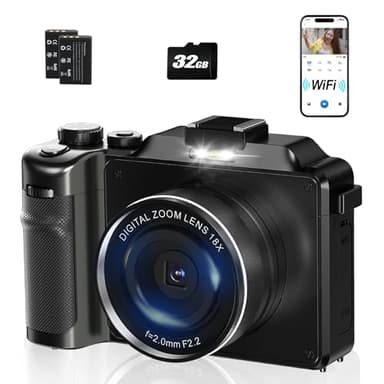 4K Digital Camera for Photography with WiFi 2 Batteries 32G TF Card,Vlogging Camera 18X Digital Zoom Auto Focus Macro Lens,Camcorder Built in Microphone and Speaker