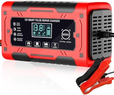 Car Battery Charger, 12V 6Amp Smart Fully Automatic Battery Charger with Temperature Compensation for Car Truck Motorcycle Lawn Mower Marine Lead Acid Batteries, Red