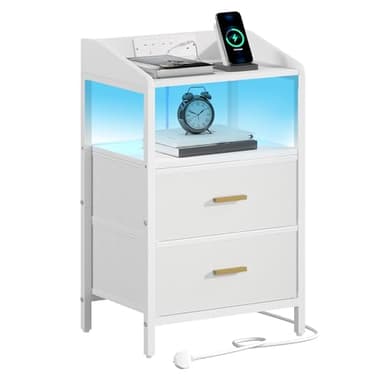 Hzuaneri Bedside Table with LED Lights and Charging Station, Bedside Cabinet with 2 Fabric Storage Drawers, Nightstand with USB Ports & TypeC for Bedroom, Livingroom, White NS36113W