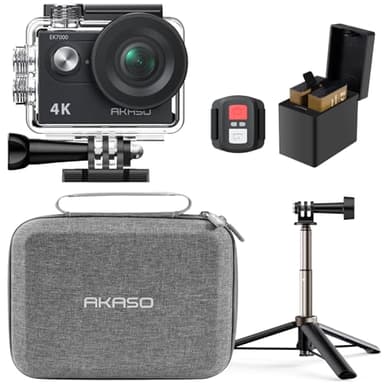 AKASO EK7000 Action Camera Selfie Stick Bundle - Includes 4K30FPS EK7000 Underwater Camera, Selfie Stick, 2 Batteries, Carrying Case, and Accessory Kits