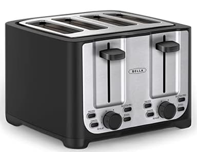 BELLA 4 Slice Toaster with Auto Shut Off, Extra Wide Slots & Removable Crumb Tray, Cancel, Defrost & Reheat Function, Toast Bread, Bagel & Waffle, BPA Free, Stainless Steel & Black