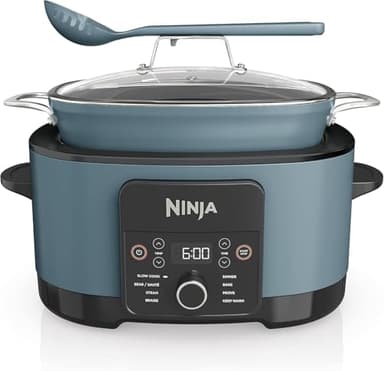 Ninja Foodi PossibleCooker, 8-in-1 Slow Cooker with Removable Non-Stick Pot, Steaming Rack, Integrated Spoon & Glass Lid, Slow Cook, Sear, Braise, Steam & more, 8 Portions, 8L, Sea Salt Grey MC1001UK