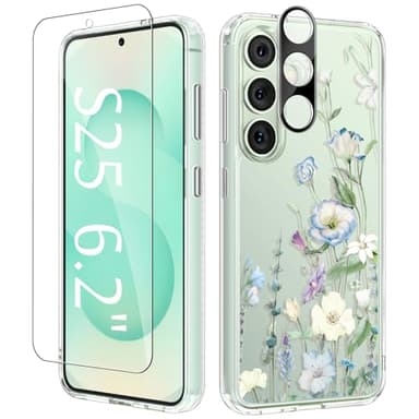 GVIEWIN Compatible with Samsung Galaxy S25 Case 6.2" 2025, with Screen & Camera Lens Protector, Non-yellow Flower Clear Anti-Scratch Shockproof Bumper Protective Girls Cover, Aquilegia/White