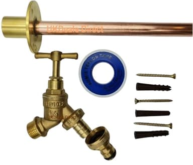 UKDD® Outside Garden Tap Kit with Through Wall Flange with Fixings (Outdoor Garden Bib Tap with Wall Flange Tube, PTFE, Screw & Wall Plugs Kit)