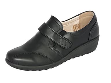 Cushion Walk EEE Wide Fitting Women's Ladies Lightweight Black Leather-Lined Touch Fastening Low Wedge Shoes, Casual Work Office Comfort Shoes (Black, Numeric_6)