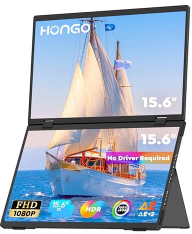 HONGO Portable Monitor USB C 15.6 Inch 1080P FHD Dual Screen IPS 360° Foldable, Laptop Monitor Extender Built-in Dual Speakers, External Screen Dual for Laptop/PC/Mac/PS3/4/5/X-BO/Phone