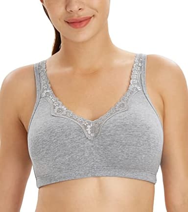 Lemorosy Comfort Plus Size Women's Lace Cotton Bras Full Coverage Non-Foam Wireless Underwear(Grey,44DD)