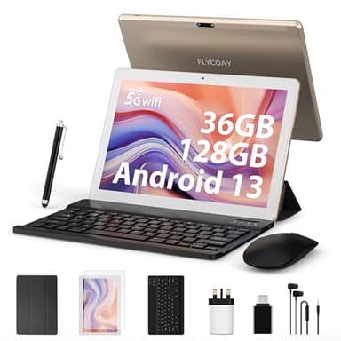 FLYCOAY Tablet 10 Inch 2025 Android 14,Octa-Core 2.0GHz,5G WIFI 6/ 36GB RAM+128GB ROM (TF 1TB), 8000mAh,Battery/WLAN/Face ID/Tablet With Keyboard,Case(Gold)