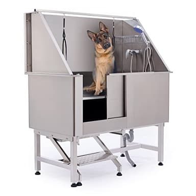 ZELCAN Professional Dog Grooming Tub, 127cm Stainless Steel Pet Dog Grooming Bath Tub, Wash, Shower and Sink with Faucet, Adjustable Floor Grate & Walk-in Ramp(50 Inch)