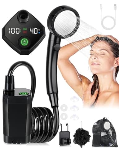 fezori Portable Shower, Camping Shower Pump with Rechargeable 6000mAh Battery and Sinking Bottom Design, Outdoor Shower IPX7 Waterproof with Temperature Display for Camp, Car Washing, Pet Bath (Black)