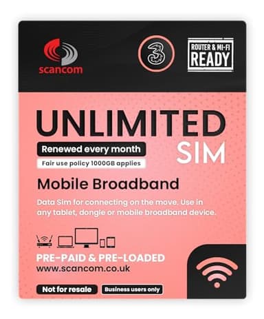 Three Unlimited 5G Data SIM - Preloaded Every Month from now until 8th December 2025 - Business Grade Data - Perfect For Wifi Routers, Tablets & Phones