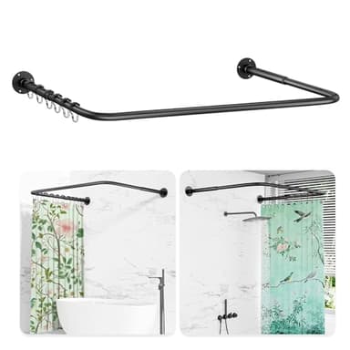 U Shaped Shower Curtain Rail, [60-92]X[78-198]X[60-92]cm Adjustable Shower Curtain Pole, Wall Mounted Curved Shower Rail With 12 Rings & Ceiling Support For Bathroom Bathtubs, Need Drilling, Black
