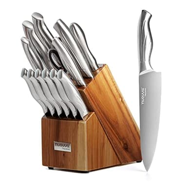 nuovva Kitchen Knife Block Set – 14-Piece Knife Set with Hardwood Block – Stainless Steel Blades – Hollow Knife Set for Chopping, Slicing, Dicing
