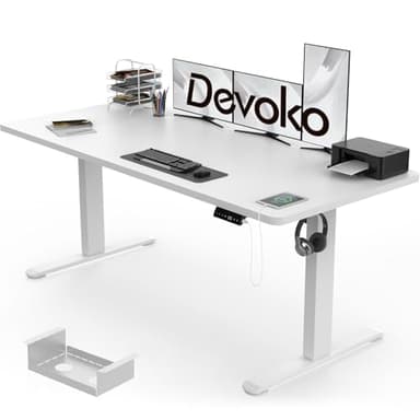 Devoko Electric Standing Desk 160x80cm with USB Charging Height Adjustable with Desktop Sit Stand Up Heavy Duty Steel 3 Memory Smart Pannel(White)