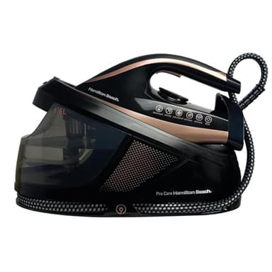 Hamilton Beach Steam Generator Iron, 3100W, Pro Care, 3 Bar Pressure, Vertical Steam, Non-Stick Soleplate, Anti-Scale Technology, Variable Temperature Control, Auto Shut Off, Black/Bronze - HB268SGBG