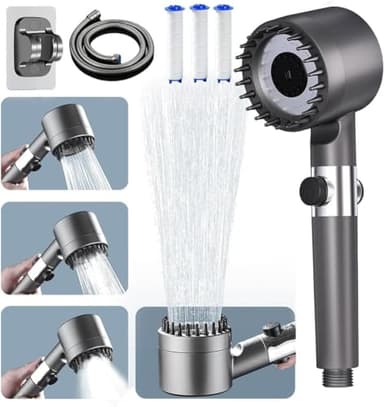Showerhead,High Pressure Shower Heads,Handheld Pressurized Shower Head,Hard Water Filter Shower Head,Massage Shower Head with Hose 1.5M,4 Spray Modes Showerhead with Pause Switch-Grey