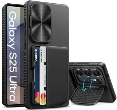 SIXBOX for Samsung Galaxy S25 Ultra Case with Card Holder, Built-in & Kickstand & Camera Cover, Full Body Protective Rugged Multifunctional Wallet Stand Phone Cover Case for S25 Ultra 6.9" 2025, Black
