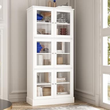 PREMTURE 172.5CM Tall Display Cabinet with Glass Doors & Shelves, 6 Tiers Bookshelf, Wooden Bookcase for Living Room Study Room, White, 38D x 80W x 172.5H cm