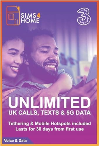 Three Sim Card Preloaded with UNLIMITED UK Calls, Texts & 4G/5G Data. (Valid for 30 days). No Contracts, No Commitments, No Credit Checks, No Tie-ins, No Personal ID. Simple to renew