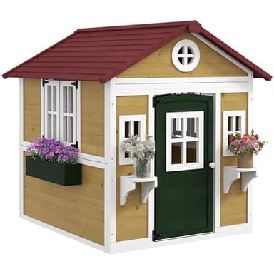 Outsunny Wooden Playhouse for Kids Outdoor Wendy House with Doors, Windows, Plant Pots, Boxes, for 3-8 Years - Beige