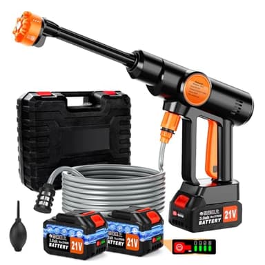 21V Cordless Pressure Washer with 2Pcs 3000mAh Battery, Portable Pressure Washer Gun, 6-in-1 Nozzle, 5m Hose & Tap Connector, Portable Jet Washer for Car, Patio, Floor & Garden Cleaning