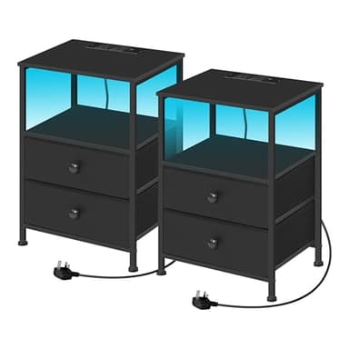 WOLTU Set of 2 Bedside Tables with Charging Station, Nightstands Bedside Cabinets with LED Lights, 2 Drawers 1 Open Shelf, Side Tables for Living Room Bedroom Office, Black, NTS27sz-2