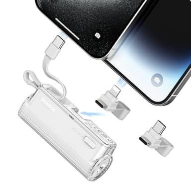 SHARGE Flow Mini Portable Charger, 5000mAh Mini Power Bank with Dual Plugs and Built in Cable, USB-C Lightning External Battery for iPhone 16 15 14 Series, Galaxy S23, Note20, LG (Pearl-UK)