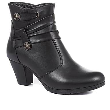 Pavers Ladies Leather Ankle Boots in Black with Comfortable Block Heel and Subtle Ruched Elegance - Durable Classic Footwear - Size UK 6 / EU 39