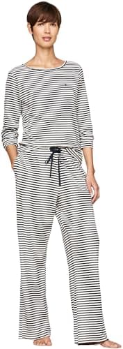Tommy Hilfiger Women’s Jersey Print Long Pyjama Set, Multicolor (Mini Bretton Stripe Desert Sky), L