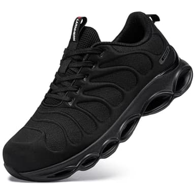 LARNMERN Steel Toe Cap Trainers Mens Safety Trainers Lightweight Safety Shoes Cushioning Fashion Breathable Comfortable Work Shoes (Pure Black,9 UK)