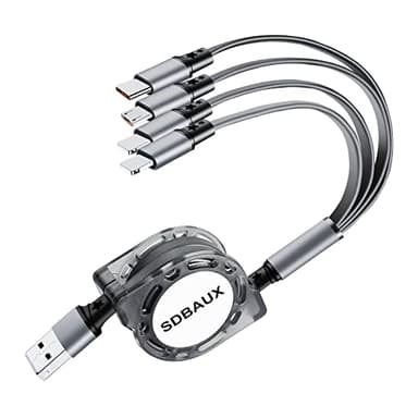Multi Charger Cable 1M 3A, 4 in 1 Retractable USB Fast Charging Cord with Micro USB Type C 2*iP Cable Connector for Phone, Android Samsung Galaxy, Huawei, Nexus, Moto, LG, Sony, Xiaomi, PS5, Pixel