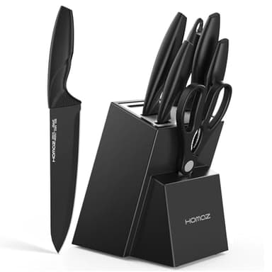 Knife Set with Block, Kitchen Knife Sets 8 Piece with Sharpener, Kitchen Knives for Chopping, Slicing, Dicing Cutting by Homaz