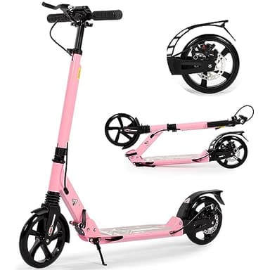 Adult Kick Scooter with Disc Handbrake, Foldable Adjustable Urban Scooter with Dual Suspension, 200mm Big Wheels for Kids Adults and Teens (Pink)