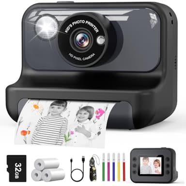 Hangrui Kids Camera Instant Print, 2.4'' Instant Camera for Kids, 1080P Children Cameras with 32GB Card & 3 Rolls Photo Paper, Christmas Birthday Gifts Toys for Girls & Boys Aged 3-12 -Black