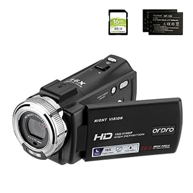 ORDRO Camcorder Night Vision Video Camera YouTube Vlogging Camera Recorder Full HD 1080P 15FPS 30MP 3.0 Inch 270 Degree Rotation LCD 16X Digital Zoom Camcorder with 2 Batteries and 16GB Card