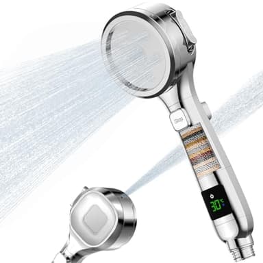Hard Water Filter Shower Head with 4 Modes, Water Temperature Display, 15 Layers Filtration High Pressure Filtered Shower Heads with Holder and 1.5M Hose, for Residual Chlorine Remove, Silver